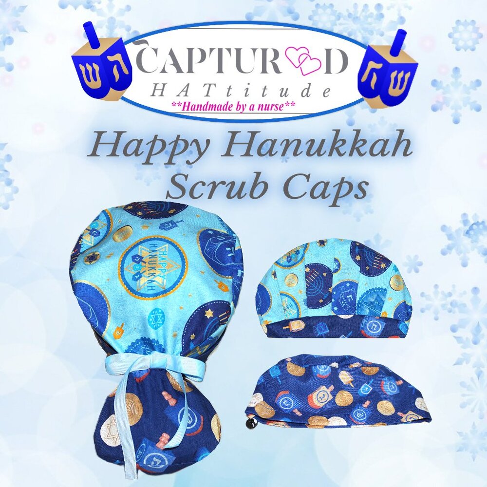 Womens Happy Hanukkah Scrub Caps Bouffant Surgical Bonnet - Handmade